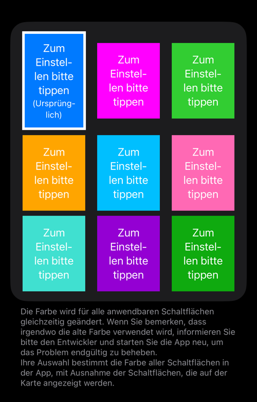 Neun Farbkacheln, die Voreinstellung markiert, darunter die Erklärung