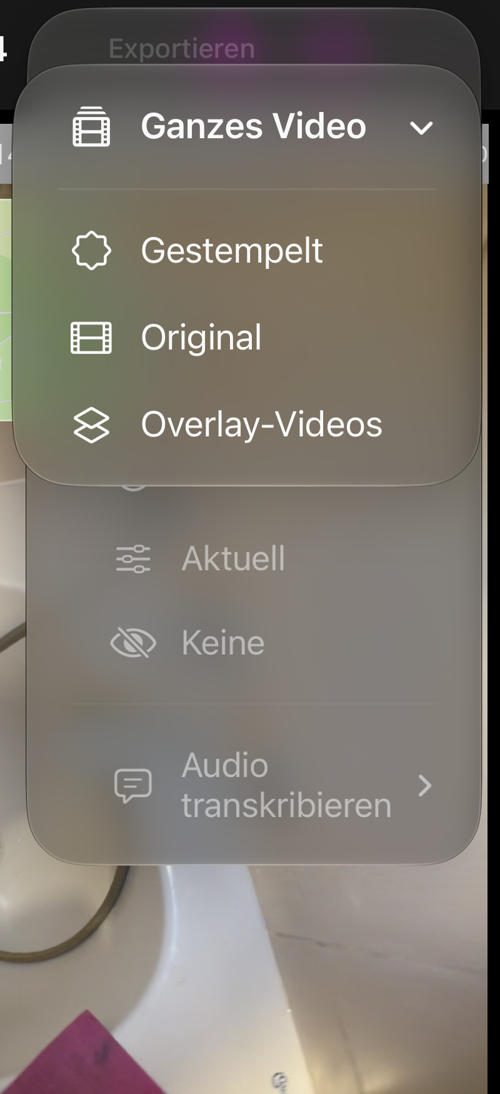 Das Menü „Ganzes Video“ einer gespeicherten Aufnahme mit „Gestempelt“, „Original“ und „Overlay-Videos“