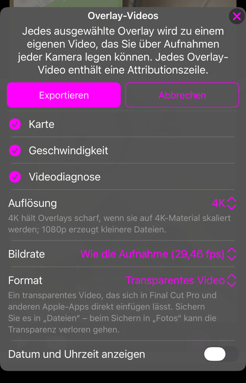 Optionen für Overlay-Videos: die in dieser Aufnahme verfügbaren Overlays, alle ausgewählt, und die Zeile „Auflösung“