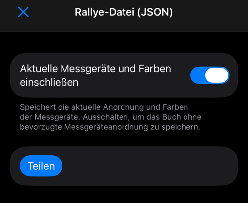 JSON-Export mit Messgeräteoption und Teilen-Schaltfläche