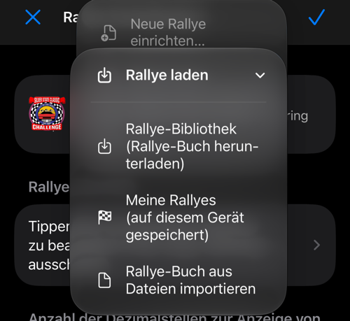 Menü zum Laden aus der Bibliothek, gespeicherten Rallyes oder Dateien