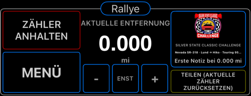 Rallye-Bedienfeld mit der MENÜ-Schaltfläche unten links