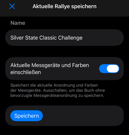 Rallye speichern mit Name und Option für Messgeräte und Farben