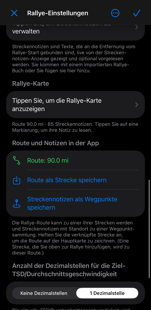 Rallye-Einstellungen mit Routenlänge, verknüpfter Strecke und der Option, sie auf der Hauptkarte anzuzeigen