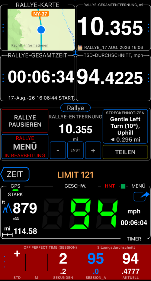 Das Rallye-Bedienfeld: Kartenmessgerät, Rallye-Entfernung und Timer, TSD-Durchschnitt, die nächste Streckennotiz und die Off-Perfect-Time