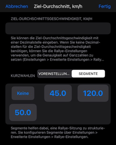 Zielgeschwindigkeit-Editor-Segmente