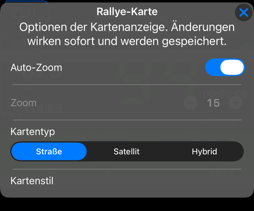 Die Optionen des Rallye-Kartenmessgeräts: Auto-Zoom, Zoom, Kartentyp und Kartenstil