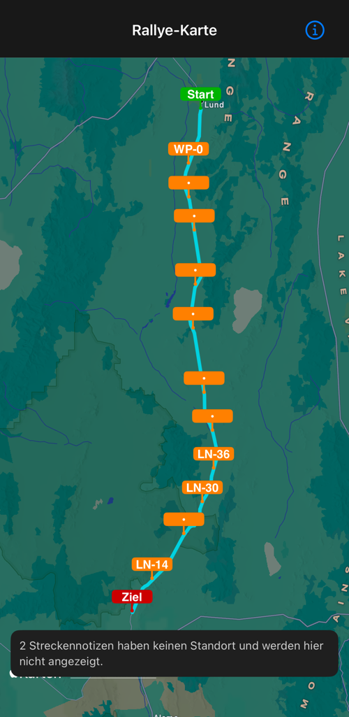 Die Rallye-Karte mit Route, Streckennotizen und Ziel