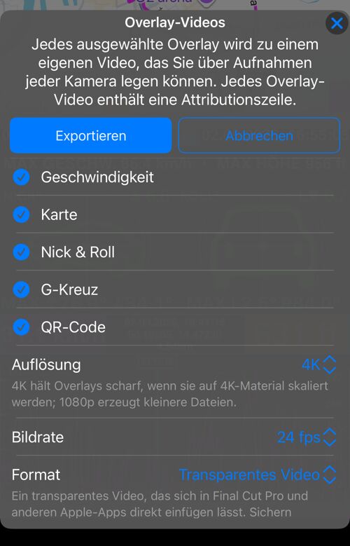 Optionen für Overlay-Videos bei einem Track: „Geschwindigkeit“, „Karte“, „Nick & Roll“, „G-Kreuz“ und „QR-Code“ ausgewählt, darunter „Auflösung“, „Bildrate“ und „Format“