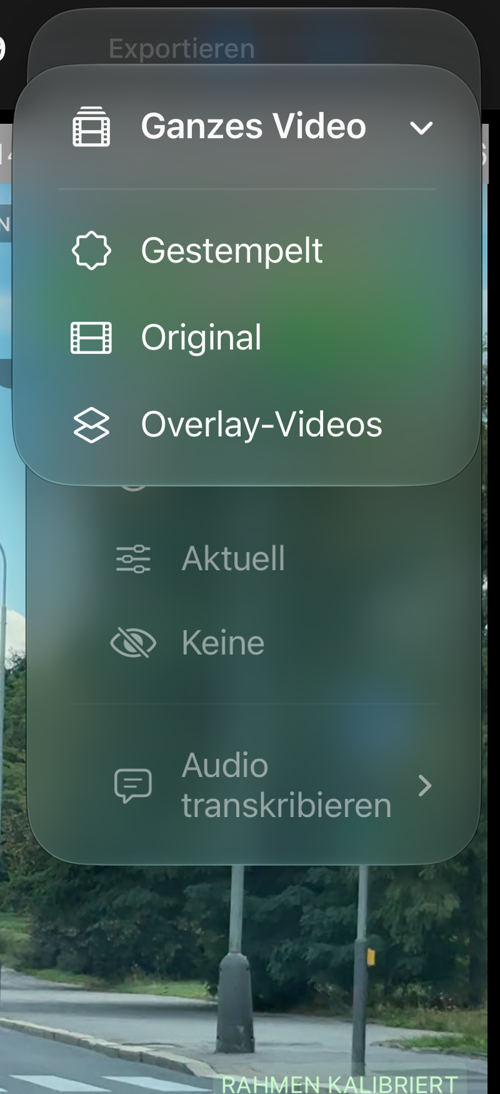 Das Menü „Ganzes Video“ einer gespeicherten Aufnahme mit „Gestempelt“, „Original“ und „Overlay-Videos“