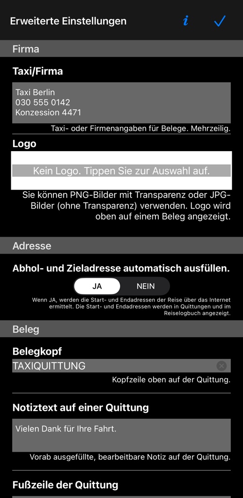 Oberer Teil der erweiterten Einstellungen: der Firmenblock, das Logo und der Adressschalter