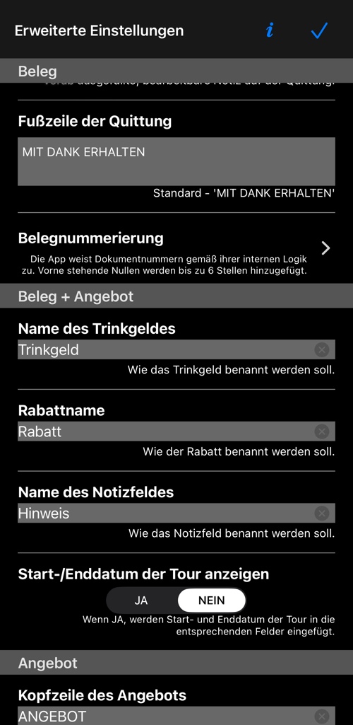 Der Quittungsabschnitt: Kopfzeile, die Notiz, mit der jede Quittung beginnt, die feste Fußzeile und die Nummerierung