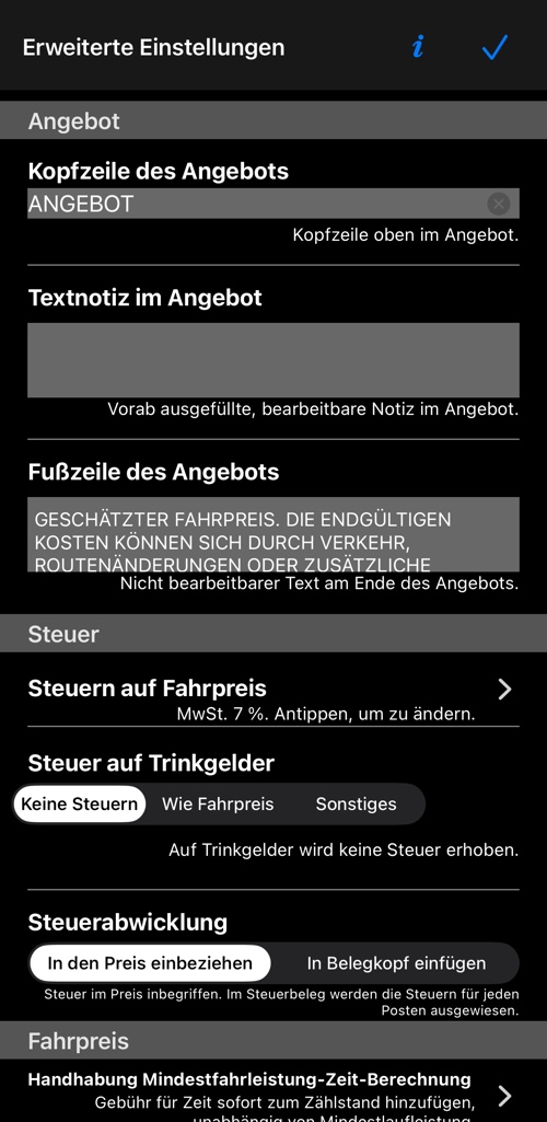 Der Angebotsabschnitt und der Steuerabschnitt: Fahrpreissteuer, Steuer auf Trinkgeld, Steuerabwicklung