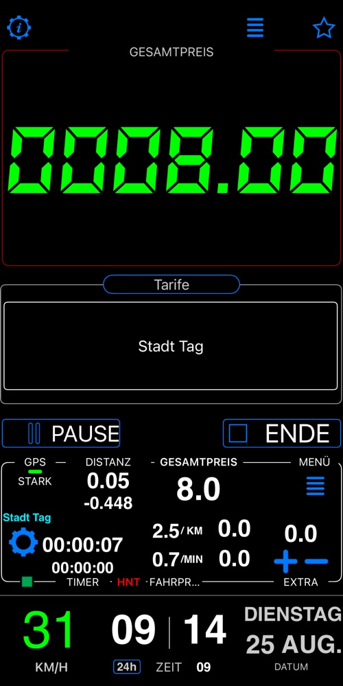 Das Dashboard zu Beginn der Fahrt, die berechnete Distanz negativ