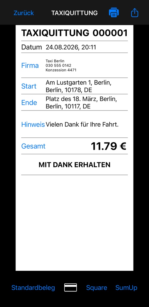 Die einfache Taxiquittung mit Kopfzeile, Firmenblock, Start- und Zieladresse, Notiz und Summe