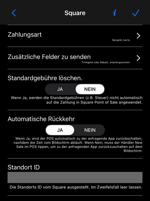Der Bildschirm mit den Square-Einstellungen