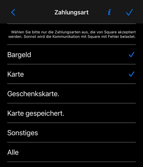 Der Bildschirm mit den Zahlungsarten