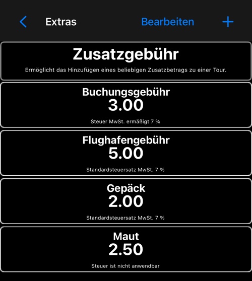 Die Extras-Liste mit der Steuer, die jedes Extra trägt