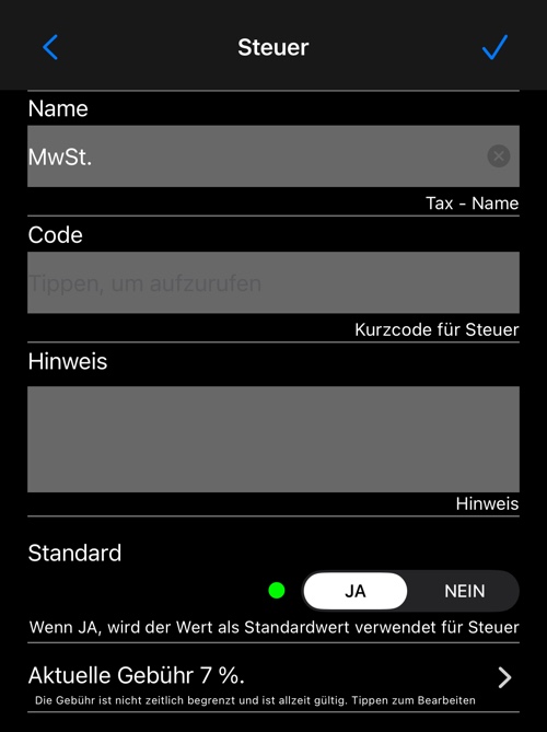 Der Steuer-Editor: Name, Code, Notiz, der Standard-Schalter und der aktuelle Satz