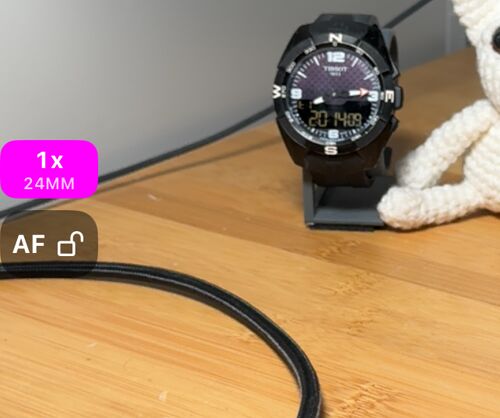 The zoom chip on the left edge of the viewfinder, reading 1x above and 24MM below, with the AF button under it