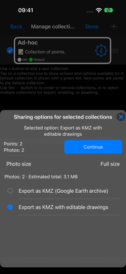 A collection with two imported-photo points selected for editable KMZ export, showing a full-size photo estimate