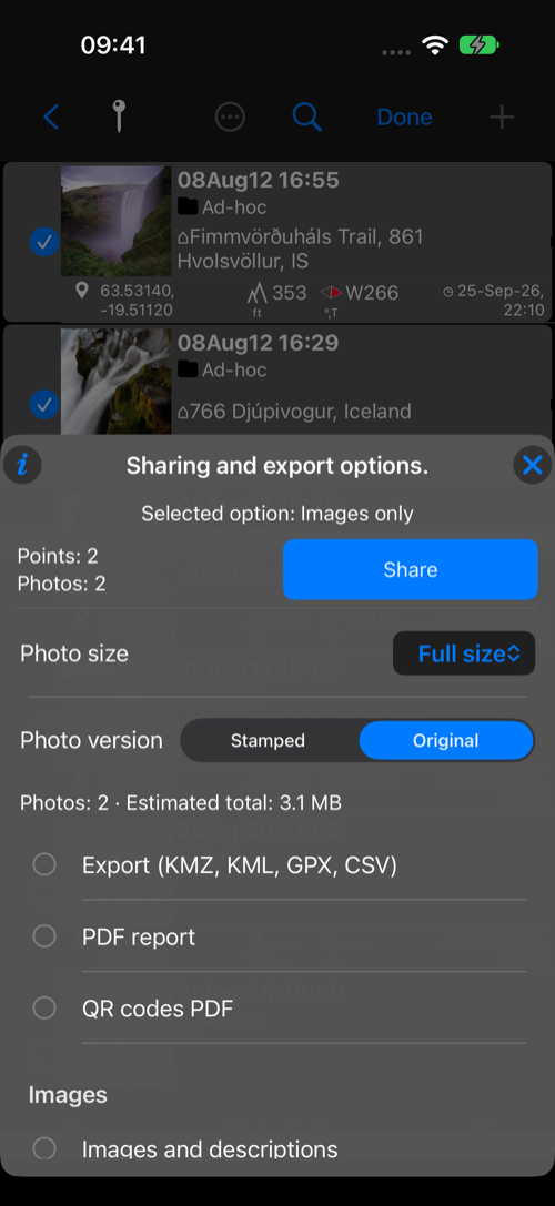 Two points with photos imported from the iPhone library, selected for sharing with a photo-size estimate
