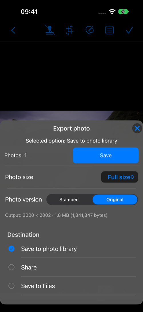A single photo export menu with Stamped and Original versions, destinations, and photo size