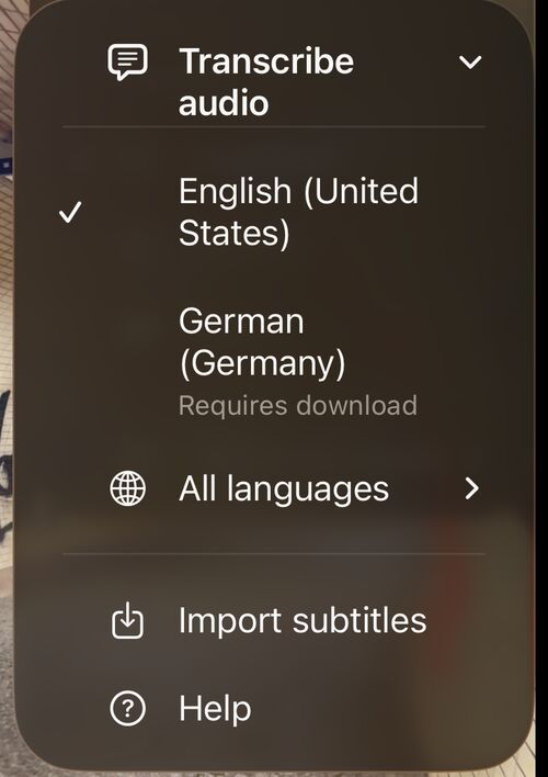 Transcription language list leading with the user&rsquo;s own languages, followed by All languages, Import subtitles and Help