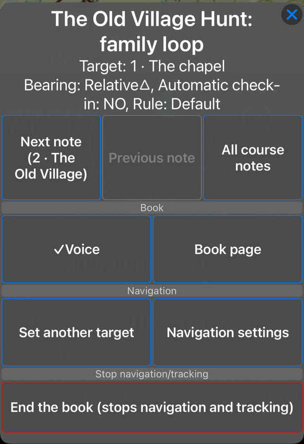 The BOOK menu while the book runs: Next note and Previous note with the notes they target, All course notes, Voice, Book page, Set another target, Navigation settings, and End the book