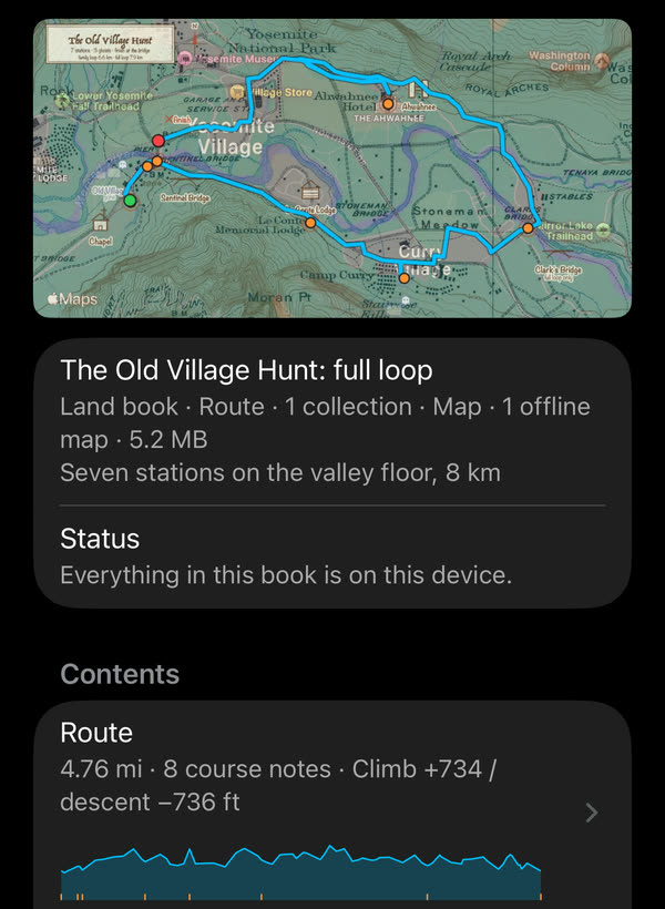 A book&rsquo;s page: its thumbnail made from the book, the loop over Apple Map with the 1929 map laid over the valley; the title, what the book holds and its status; and the Route row with the distance, the course notes, the climb and descent, and the elevation profile