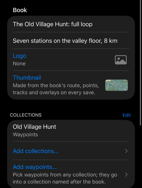 Edit book: the title and subtitle, the Logo and Thumbnail rows, the book&rsquo;s collection with Add collections and Add waypoints, and Tracks
