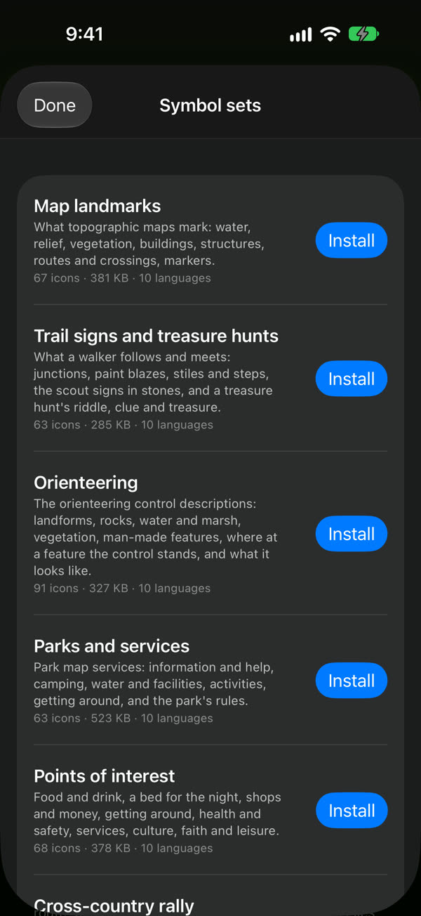 From a lexicon…: the list of symbol sets, the land book sets first — Map landmarks, Trail signs and treasure hunts, Orienteering, Parks and services and Points of interest — then the Cross-country rally set, each with what it holds, its number of icons and size, and Install