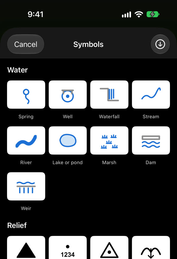 Map landmarks open in Symbols: the Water group (spring, well, waterfall, stream, river, lake or pond, marsh, dam, weir) and the start of Relief