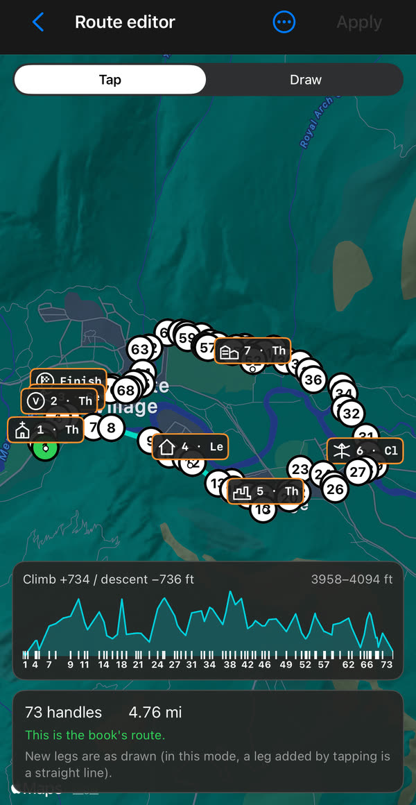 The route editor with the book&rsquo;s whole route: the loop over the valley with its numbered handles and the course notes' chips with their symbols, the climb and descent over the elevation profile, 73 handles and 4.76 mi, and This is the book&rsquo;s route