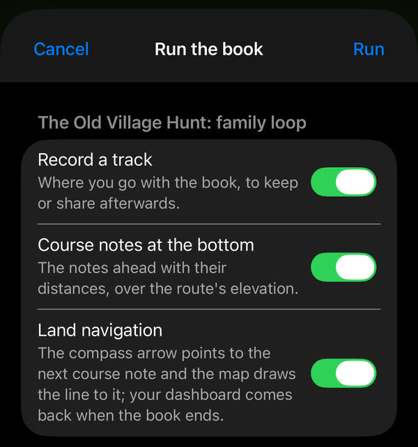 Run the book: Record a track, Course notes at the bottom and Land navigation, all switched on