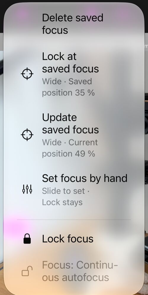 The focus options opened from the AF button: Delete saved focus, Lock at saved focus, Update saved focus, Set focus by hand, Lock focus, and the status line