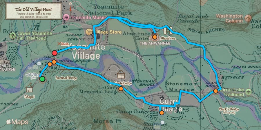 The book&rsquo;s thumbnail, made from the book: the full loop in blue over Apple Map with the 1929 map and the treasure-hunt drawing laid over the valley, the stations as orange dots, start in green and finish in red