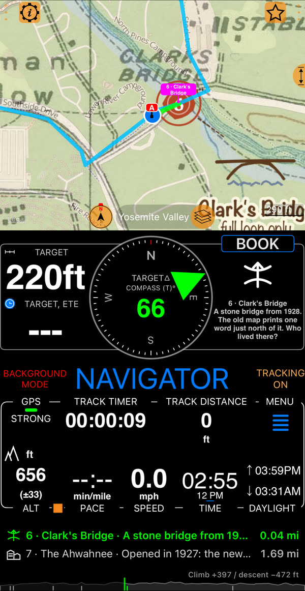 Compass 55 running the full loop near Clark&rsquo;s Bridge: the 1929 map laid over today&rsquo;s map with the route in blue and the green line to station 6; the BOOK panel&rsquo;s compass arrow pointing at it with the riddle beside; the next notes with their distances over the route&rsquo;s elevation at the bottom