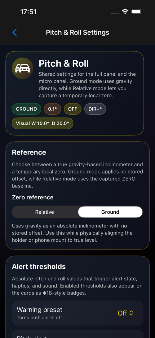 Pitch & Roll settings screen
