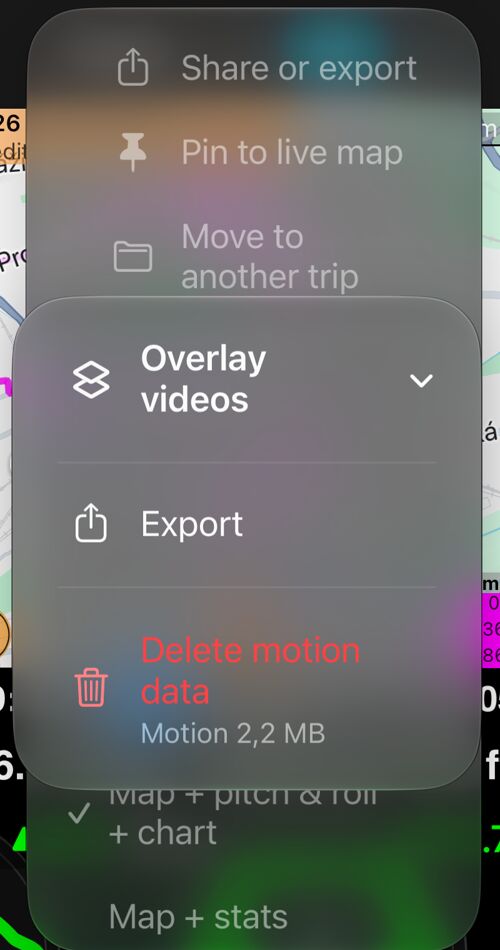 The Overlay videos submenu: Export, and Delete motion data with its size