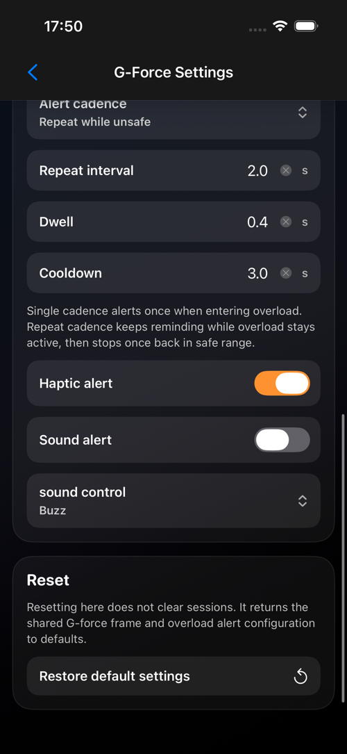G-Force settings screen