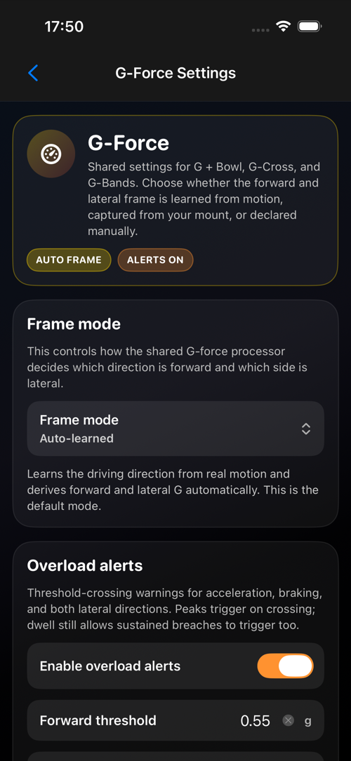 G-Force settings screen