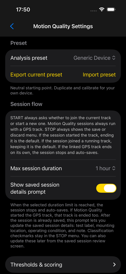 Motion Quality settings screen