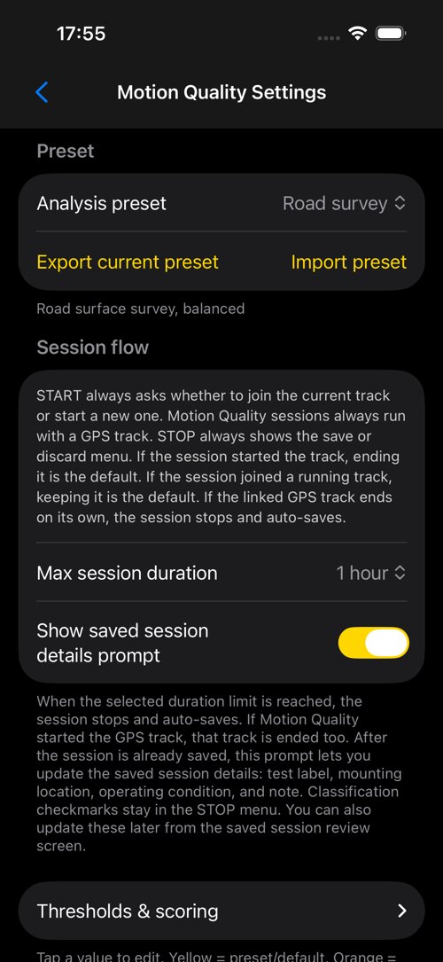 Road Survey settings screen