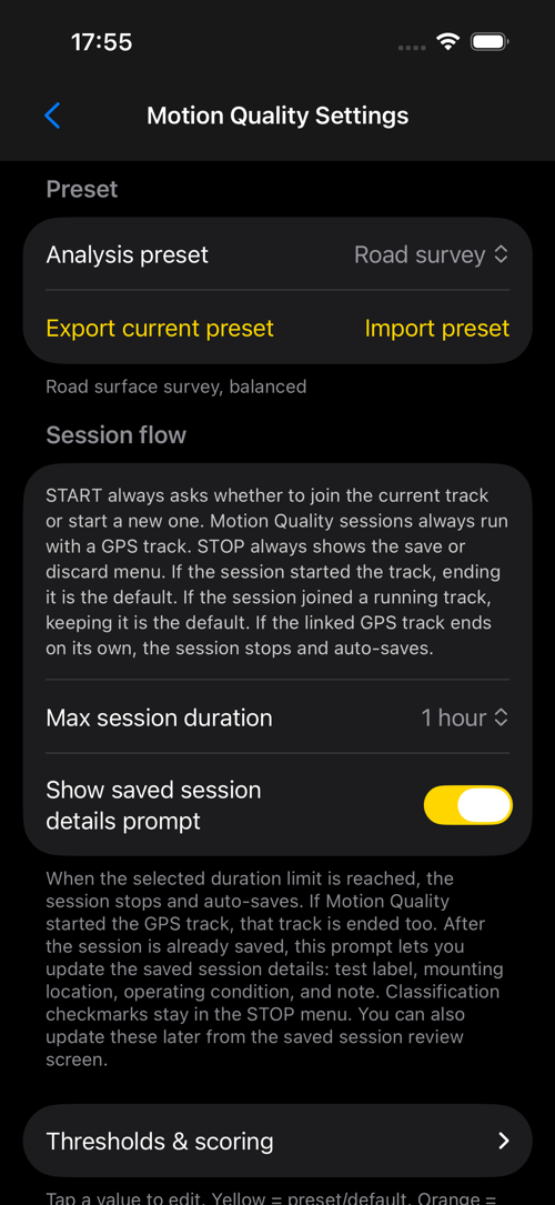 Road Survey settings screen