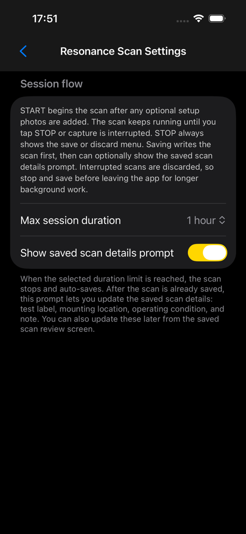 Resonance Scan settings screen