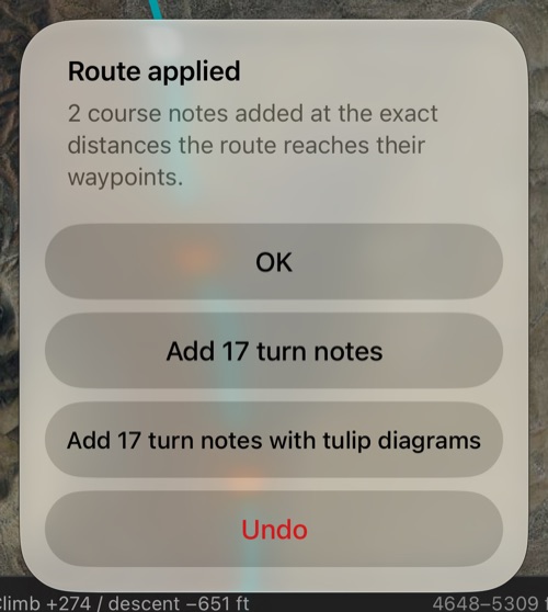 The summary after Apply: two course notes added at their exact distances, the offer to add 17 turn notes with or without tulip diagrams, OK and Undo