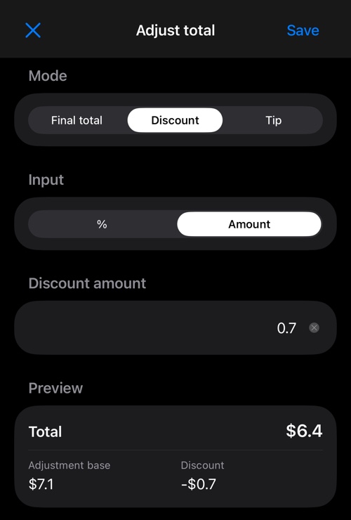 Discount entered as an amount, with the converted value carried over