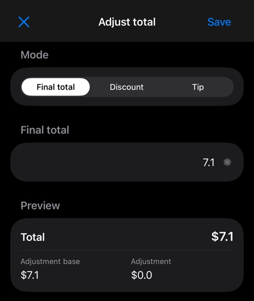 Adjust total in Final total mode, with the mode picker, the amount field and the preview