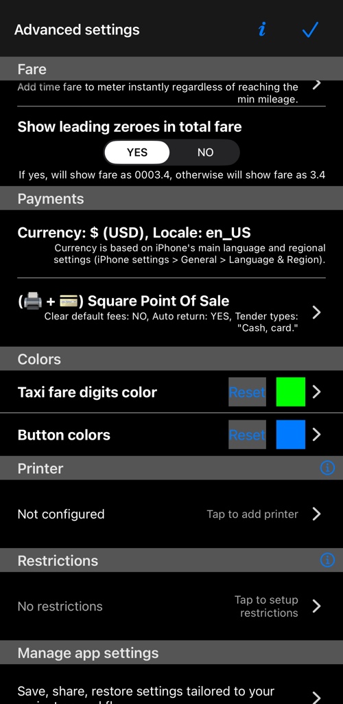 The end of the screen: fare, payments, colours, printer, restrictions and settings backup